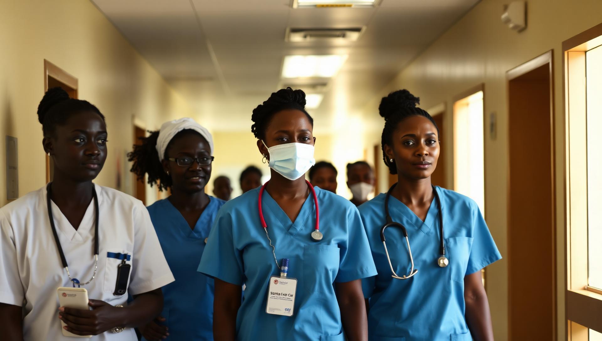 Nurses and doctors walking through a hospital corridor in Sierra Leone